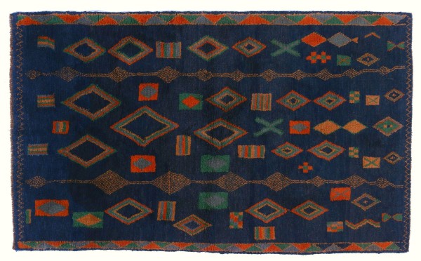 Gabbeh Nomadenmuster Teppich 120x180 Handgeknüpft Blau Streifen Orientalisch UNIKAT
