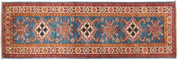 Feiner Kazak Teppich 60x180 Handgeknüpft Läufer Blau Geometrisch Orientalisch UNIKAT