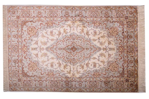 Perser Ghom Seidenteppich 100x150 Handgeknüpft Teppich Beige Orientalisch