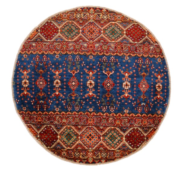 Runder Kazak Teppich 150x150 Handgeknüpft Blau Geometrisch Orientalisch UNIKAT Kurzflor