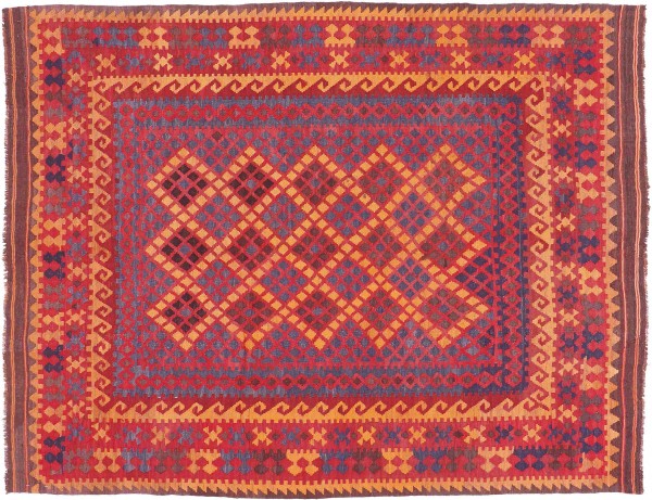 Afghan Kilim Soumakh Ghalmuri Rug 200x250 Handwoven Red Geometric Handmade
