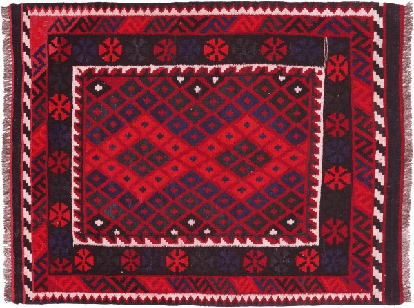 Afghan Kilim Soumakh Ghalmuri Rug 110x130 Handwoven Red Geometric Handmade