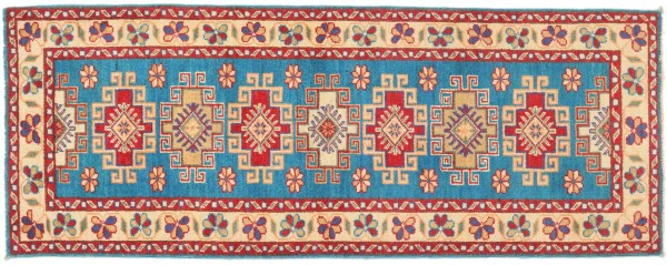 Kazak Teppich 60x170 Handgeknüpft Läufer Blau Floral Orientalisch UNIKAT Kurzflor