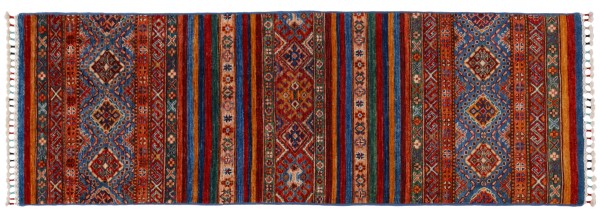 Khorjin Shaal Teppich 70x200 Handgeknüpft Läufer Blau Gestreift Orientalisch UNIKAT
