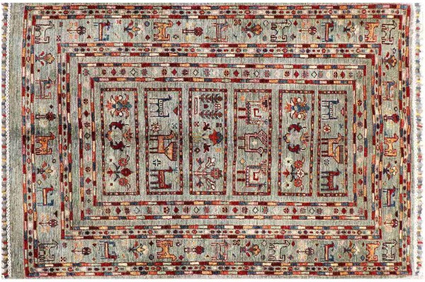 Afghan Ziegler Khorjin Ariana Teppich 100x150 Handgeknüpft Grau Gestreift Orient