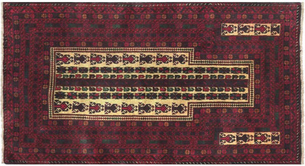Afghan Prayer rug Balouch Teppich 90x150 Handgeknüpft Rot Orient Kurzflor Wohnzimmer