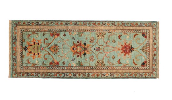 Sultani Teppich 60x160 Handgeknüpft Läufer Blau Floral Orientalisch UNIKAT Kurzflor
