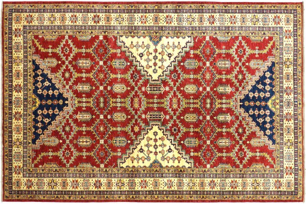 Afghan Kazak Fein 200x300 Handgeknüpft Orientteppich Rot Umrandung Wolle