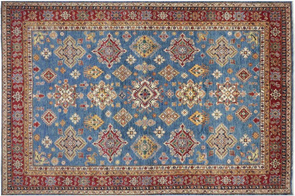 Afghan Feiner Kazak Teppich 240x340 Handgeknüpft Blau Geometrisch Orient Kurzflor