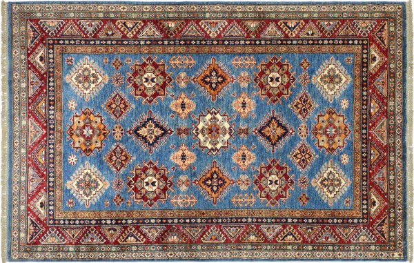 Afghan Kazak Fine Teppich 170x240 Handgeknüpft Blau Geometrische Orient Kurzflor
