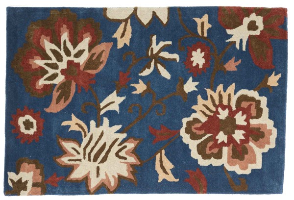 Kurzflor Teppich Flowers 120x180 Blau Blumenmuster Handarbeit Handtuft Modern