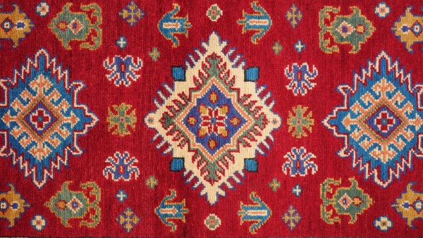 Kazak Teppich 80x300 Handgeknüpft Läufer rot Geometrisch Orientalisch UNIKAT Kurzflor