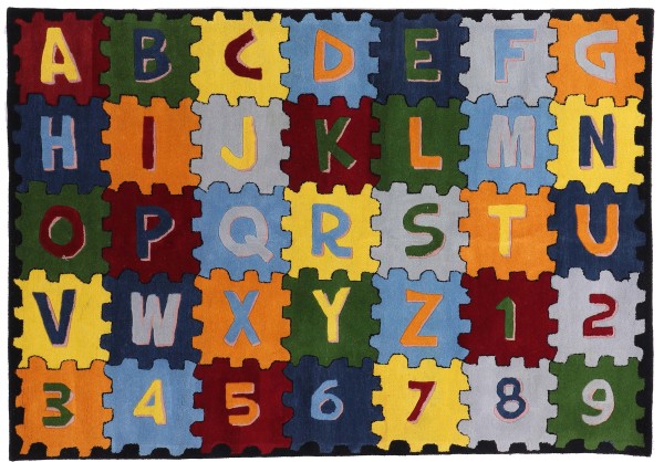 Wollteppich Kinder Buchstaben Zahlen 170x240 Gelb Handarbeit Handtuft Modern