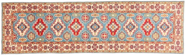 Kazak carpet 80x300 hand-knotted runner blue geometric oriental UNIKAT short pile