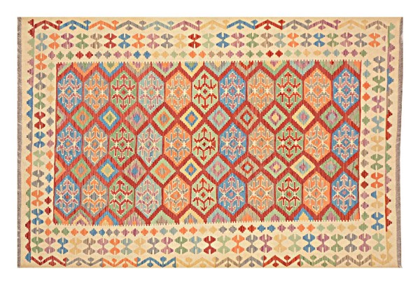 Afghan Maimana Kelim Teppich 200x300 Handgewebt Bunt Geometrisch Handarbeit Gewebt