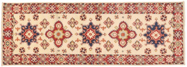 Kazak Teppich 60x180 Handgeknüpft Läufer Beige Geometrisch Orientalisch UNIKAT Kurzflor