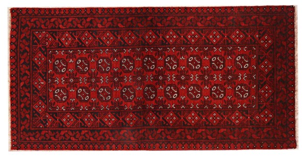 Afghan Aqcha Teppich 90x180 Handgeknüpft Rot Geometrisch Orient Kurzflor Wohnzimmer