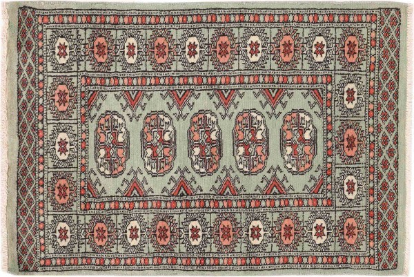 Pakistan Bukhara Rug 60x90 Hand Knotted Green Geometric Orient Low Pile Living Room