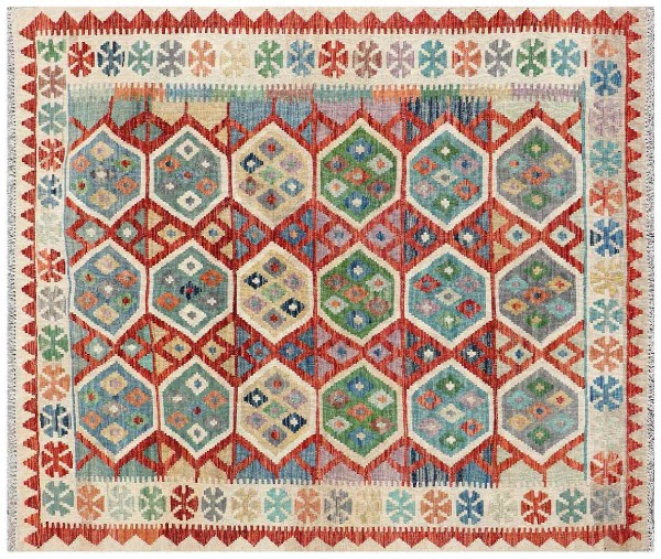 Afghan Maimana Kelim Teppich 150x180 Handgewebt Bunt Geometrisch Handarbeit Gewebt