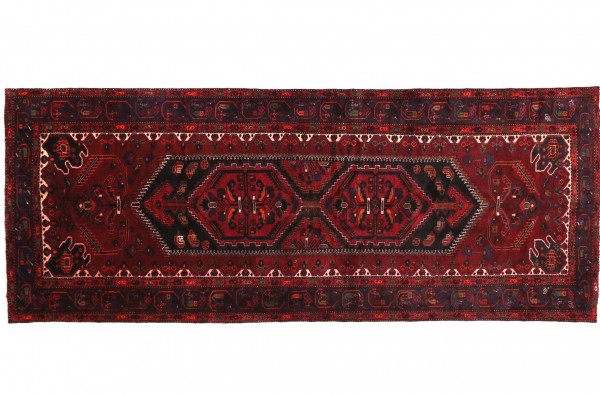 Persian Hamedan Rug 140x330 Hand Knotted Red Geometric Pattern Orient Short Pile