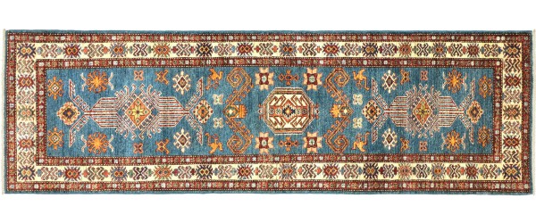 Afghan Kazak Fein 80x250 Handgeknüpft Orientteppich Läufer Blau Blumenmuster