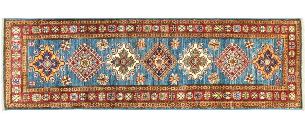 Afghan Kazak Fein 60x180 Handgeknüpft Orientteppich Läufer Blau Geometrisch