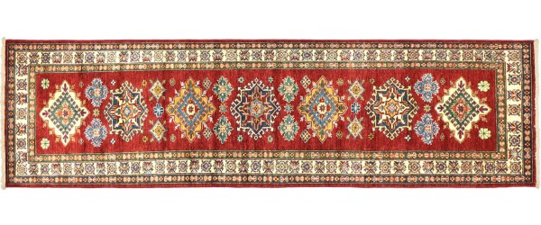 Afghan Kazak Fein 80x300 Handgeknüpft Orientteppich Läufer Rot Geometrisch Wolle