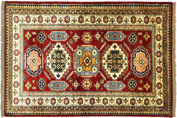Afghan Kazak Fein 100x150 Handgeknüpft Orientteppich Rot Umrandung Wolle