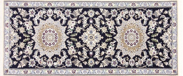 Persian carpet Nain 9LA 80x200 hand-knotted dark blue medallion oriental UNIKAT