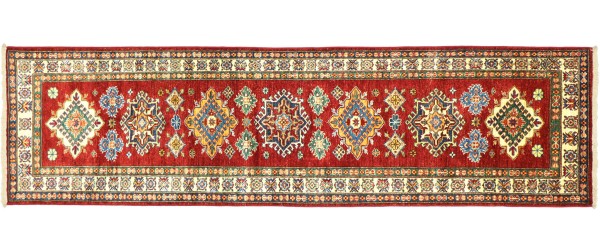 Afghan Kazak Fein 80x300 Handgeknüpft Orientteppich Läufer Rot Blumenmuster