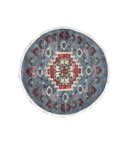 Pakistan Round Bukhara Rug 60x60 Hand Knotted Round Gray Medallion Orient Short Pile