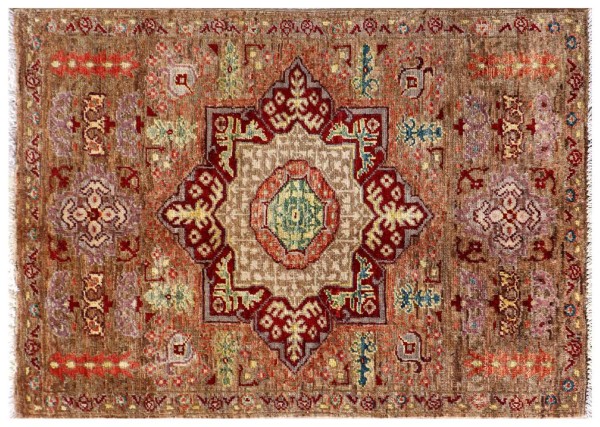 Afghan Ziegler Mamluk Rug 60x90 Hand Knotted Brown Medallion Orient Short Pile
