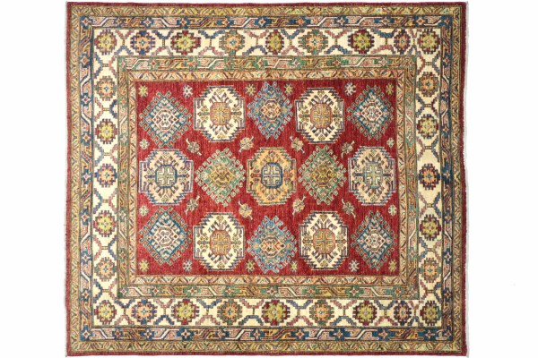 Afghan Kazak Fine Teppich 190x190 Handgeknüpft Quadratisch Rot Geometrische Wolle