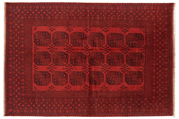 Afghan Aqcha Rug 200x300 Hand Knotted Red Geometric Orient Low Pile Living Room