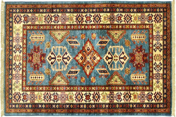 Afghan Kazak Fein 100x150 Handgeknüpft Orientteppich Blau Umrandung Wolle