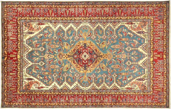 Afghan Kazak Fein Tiere 250x350 Handgeknüpft Orientteppich Blau Geometrisch