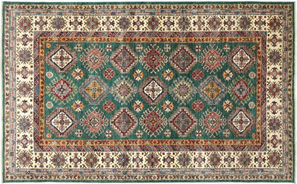 Afghan Kazak Fine Teppich 170x250 Handgeknüpft Grün Geometrische Wolle Kurzflor Rug