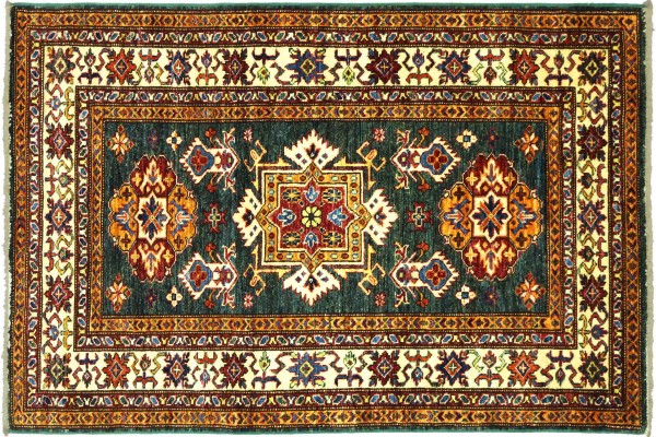 Afghan Kazak Fein 100x150 Handgeknüpft Orientteppich grün Umrandung Wolle