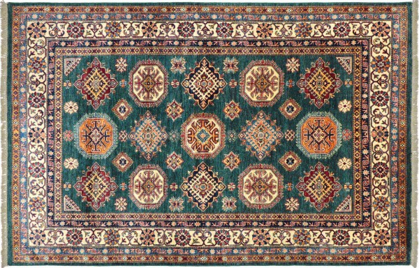 Afghan Kazak Fine Teppich 180x240 Handgeknüpft Grün Geometrische Wolle Kurzflor Rug
