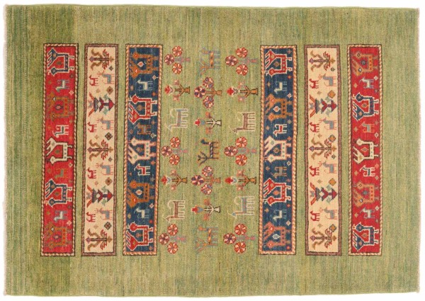 Kazak Teppich 100x150 Handgeknüpft Hellgrün Nomadenmuster Orientalisch UNIKAT Kurzflor