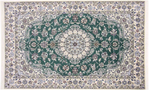 Persian carpet Nain 9LA 160x250 Hand-knotted Green Medallion Oriental UNIKAT short pile