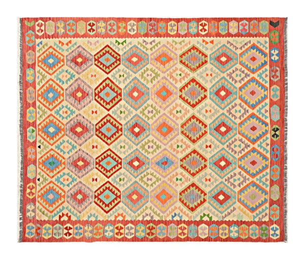 Afghan Maimana Kelim Teppich 250x300 Handgewebt Quadratisch Bunt Geometrisch Handarbeit