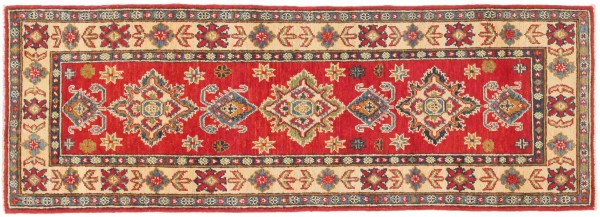 Kazak Teppich 60x180 Handgeknüpft Läufer Rot Geometrisch Orientalisch UNIKAT Kurzflor