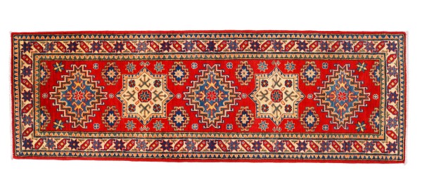 Kazak Teppich 80x240 Handgeknüpft Läufer rot Geometrisch Orientalisch UNIKAT Kurzflor