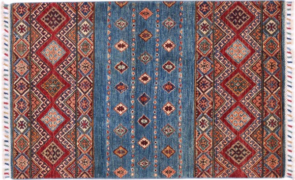 Afghan Ziegler Khorjin Rug 90x130 Hand Knotted Blue Stripes Orient Short Pile