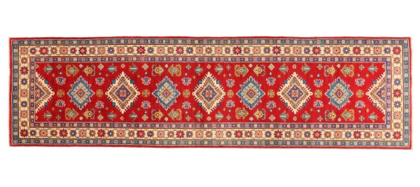 Kazak Teppich 80x300 Handgeknüpft Läufer rot Geometrisch Orientalisch UNIKAT Kurzflor