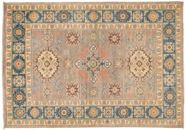 Kazak Teppich 100x140 Handgeknüpft Grau Geometrisch Orientalisch UNIKAT Kurzflor