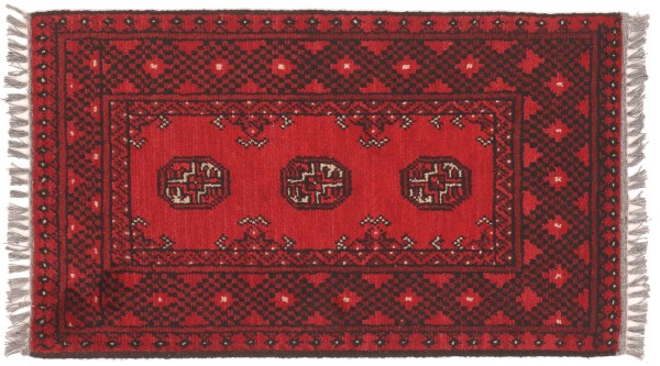 Afghan Teppich Akche Aqcha Handgeknüpft 50x100 Rot Geometrisches Muster Kurzflor