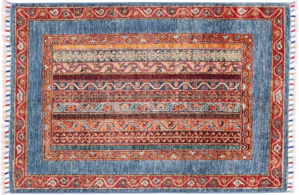 Afghan Khorjin Shaal Rug 80x120 Hand Knotted Blue Striped Orient Short Pile