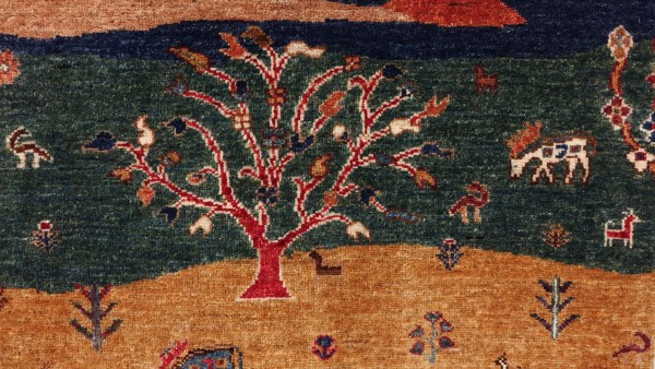 Ziegler Landschaft Bäume Teppich 120x180 Handgeknüpft Bunt Orientalisch UNIKAT Kurzflor